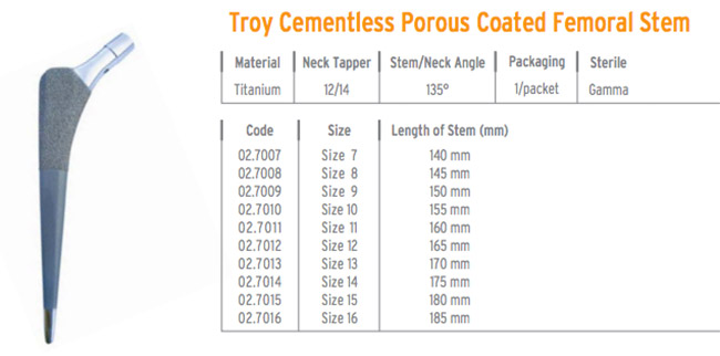 TROY CEMENTLESS POROUS COATED  FEMORAL STEM