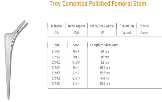 Troya Çimentolu Parlak Yüzey  Femoral Stem (Polished)